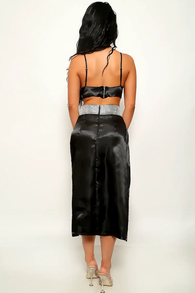 Black Satin Bra Top Rhinestone High Slit Skirt Sexy 2Pc Dress Set