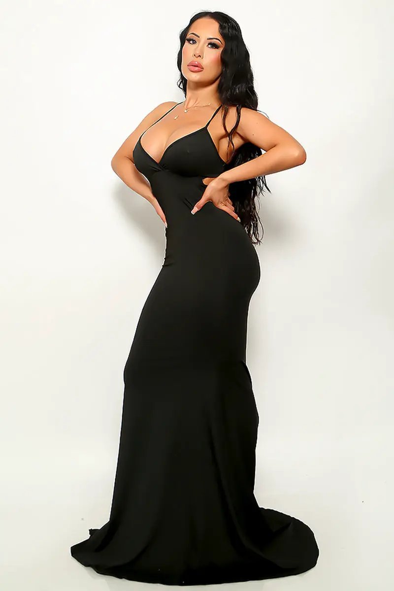 Black Strappy Deep V Floor Length Sexy Mermaid Formal Party Dress