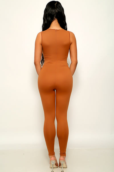 Light Brown Stretchy Faux Suede Sleeveless Sexy Fitted Jumpsuit