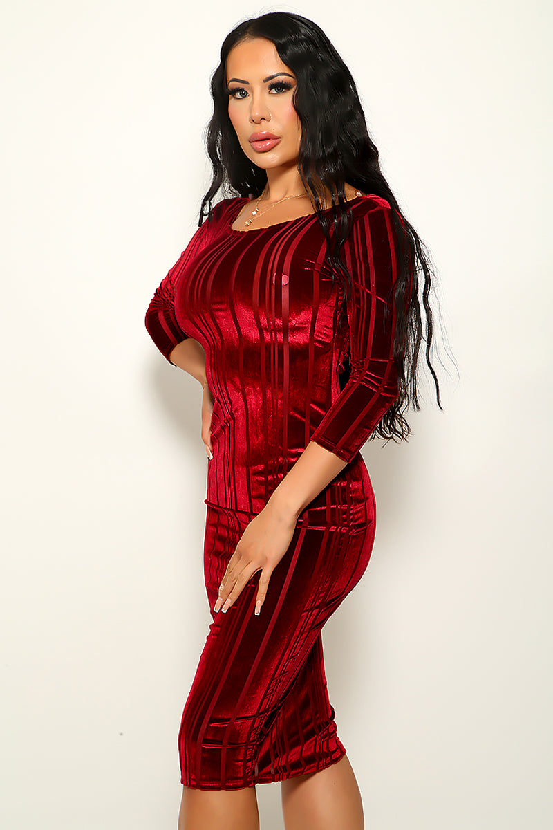 Wine Velvet Cut-Out Mesh Open Back Fitted Sexy Midi Dress