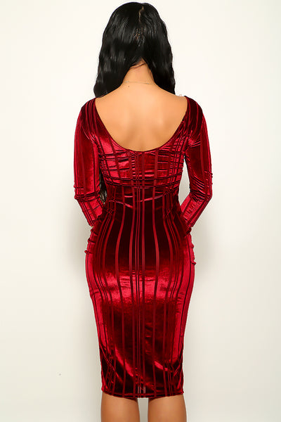 Wine Velvet Cut-Out Mesh Open Back Fitted Sexy Midi Dress