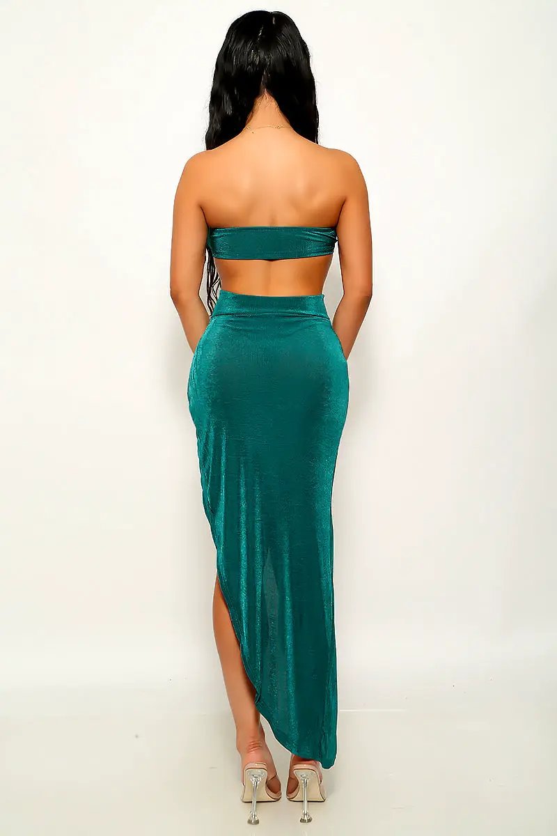 Emerald Green Sleeveless Metal Detail Two Piece Dress