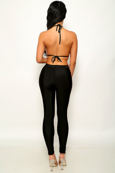Black Triangle Top Slit Leggings Sexy Fitted 2Pc Outfit Set