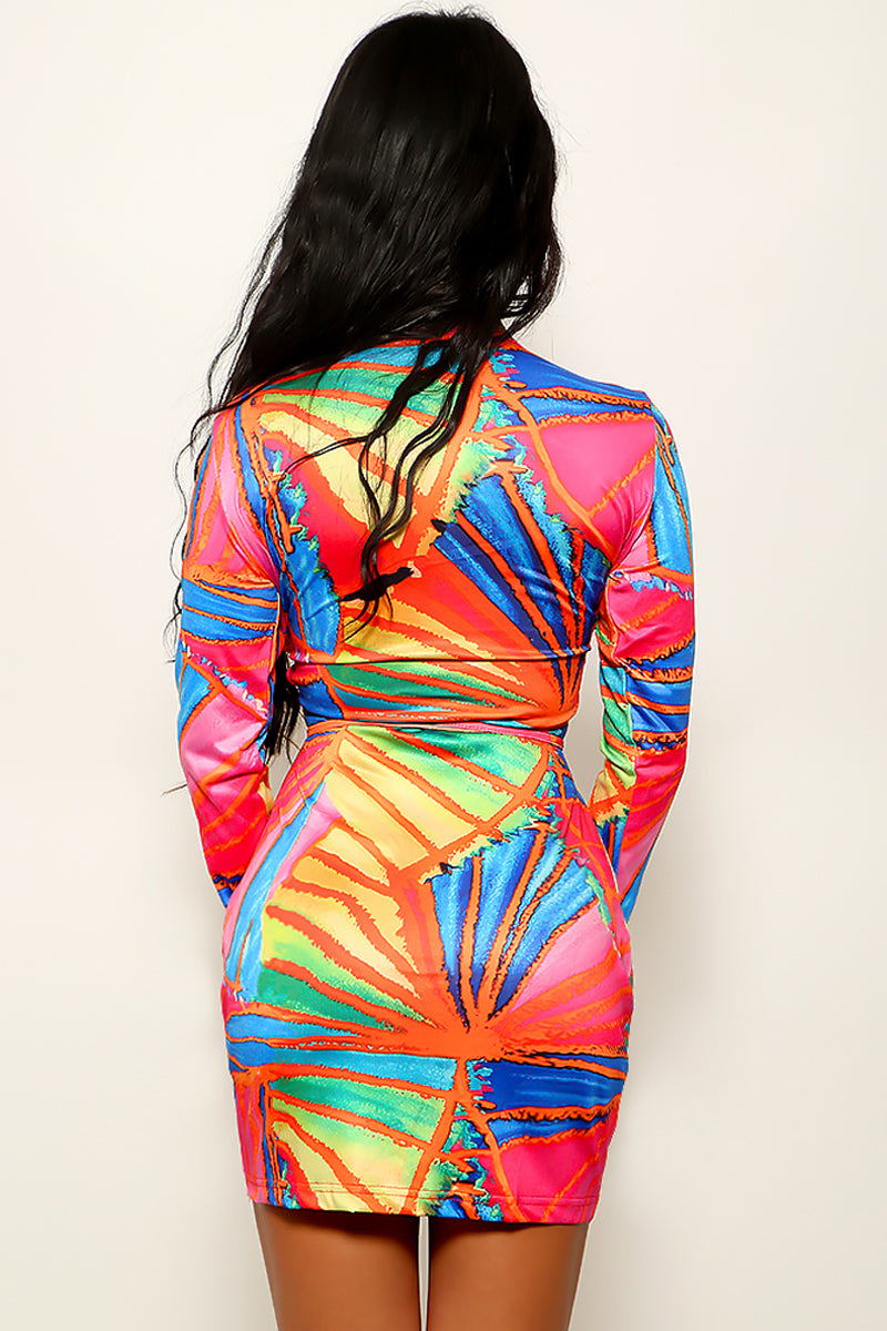 Multi Printed Long Sleeve Cut-Out Sexy Fitted Mini Dress