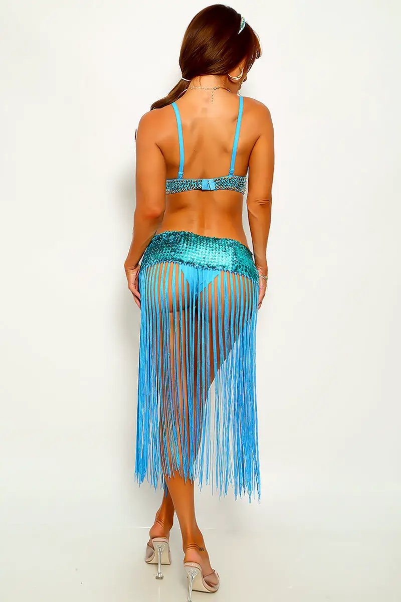 Blue Sequin Jewel Push-Up Bra Fringe Princess JAS 2Pc Sexy Costume