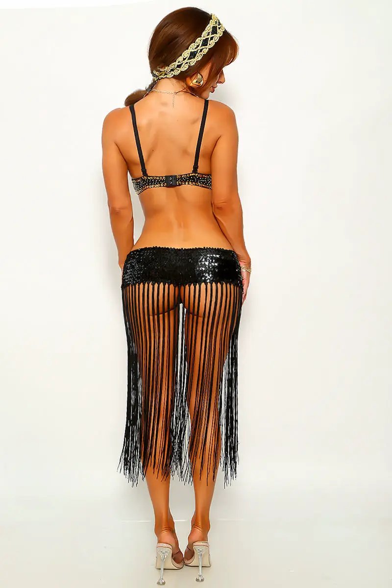 Black Sequin Jewel Push-Up Bra Fringe Princess JAS 2Pc Sexy Costume