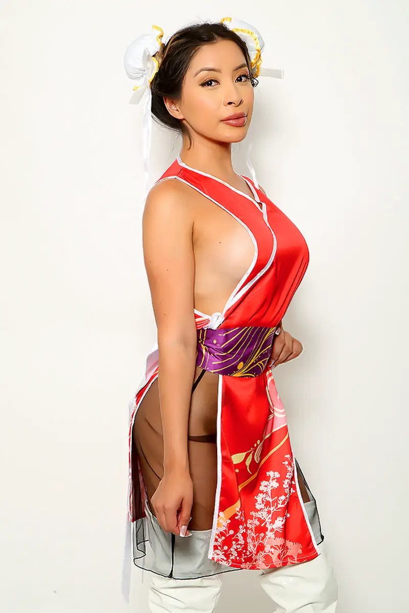 Red Satin Belt High Slit Sexy 3Pc Video Game Chunli Costume