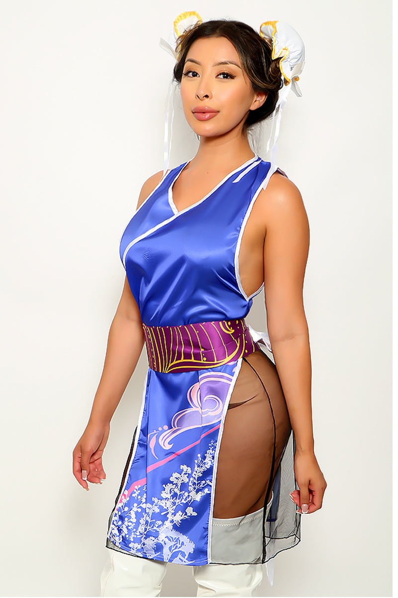 Blue Satin Belt High Slit Sexy 3Pc Video Game Chunli Costume