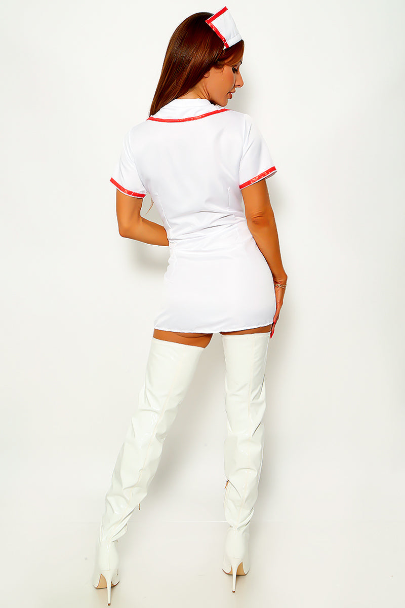 White Red Button Down Sexy Nurse Cosplay 3Pc Costume