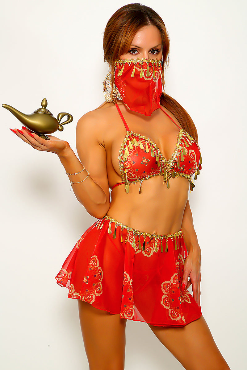 Red Gold Triangle Mesh Metal Exotic Princess 4Pc Sexy Belly Dancer Costume