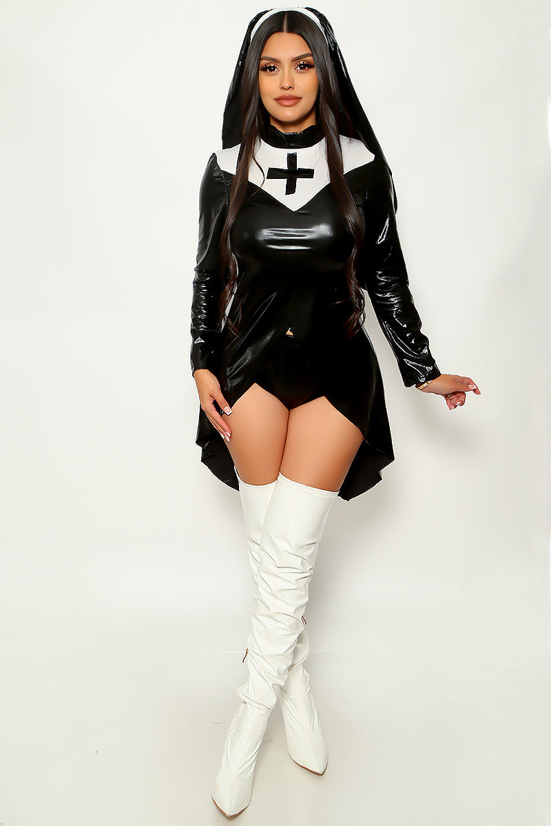 Black Faux Leather White Cross Sexy Nun Costume