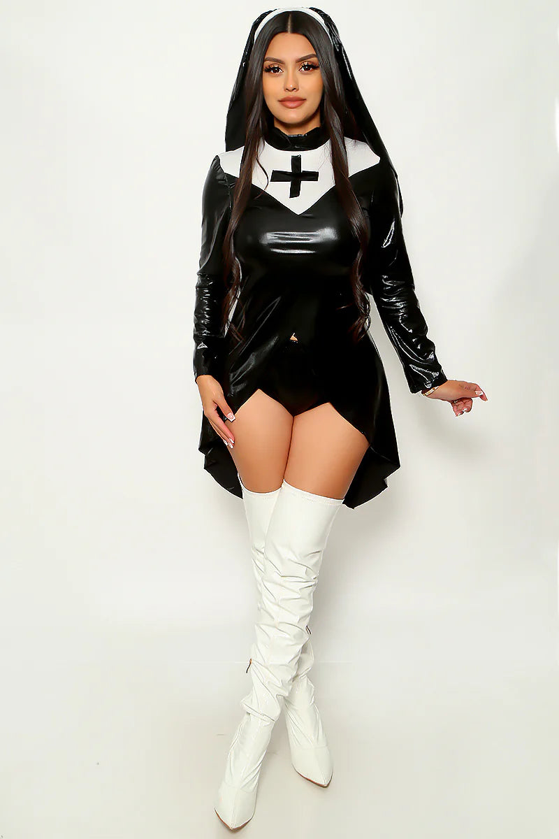 Black Faux Leather White Cross Sexy 3Pc Nun Costume