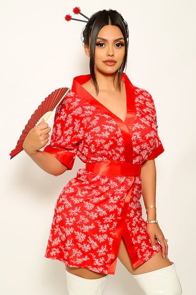 Red Printed Kimono Belted 3Pc Sexy Exotic Costume