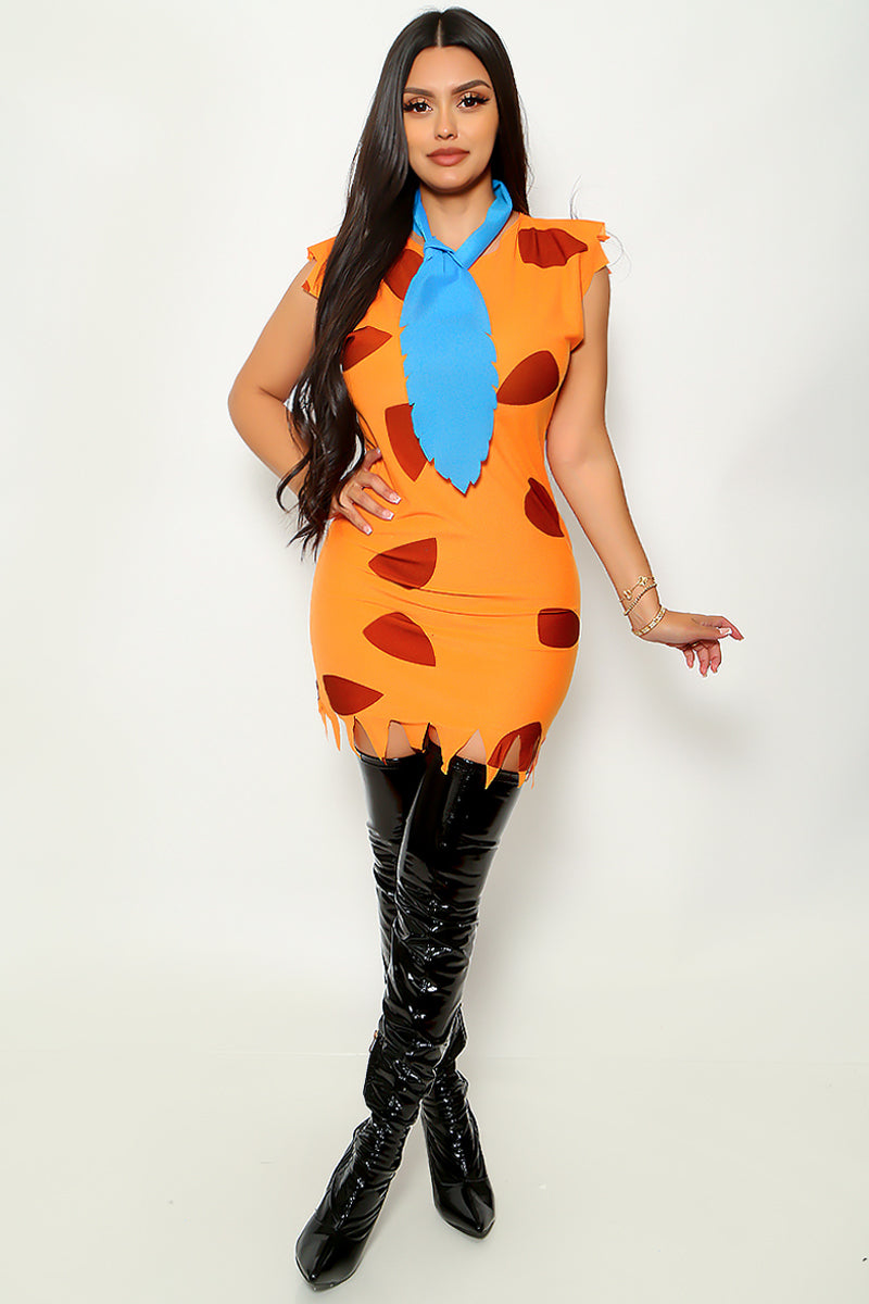 Orange Animal Print Felt Blue Tie 2Pc Sexy Flintstone Bam Costume