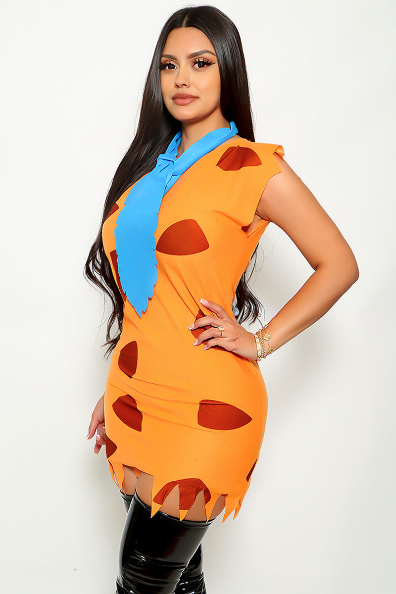 Orange Animal Print Felt Blue Tie 2Pc Sexy Flintstone Bam Costume