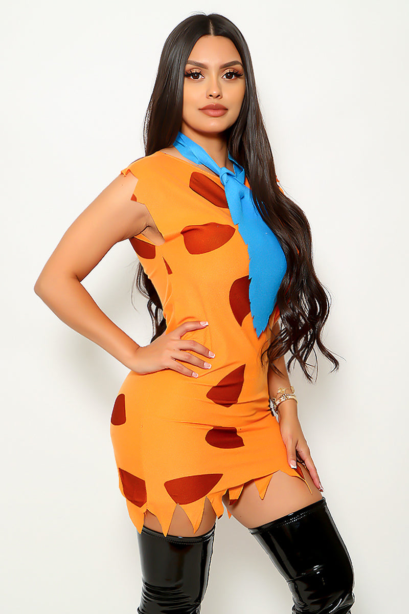 Orange Animal Print Felt Blue Tie 2Pc Sexy Flintstone Bam Costume