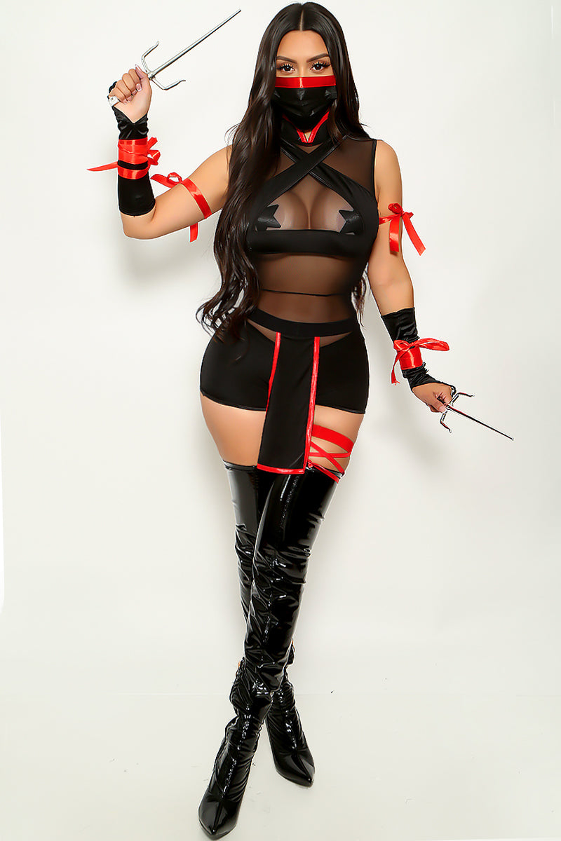 Black Criss Cross Mesh Red Straps 4Pc Sexy Ninja Costume