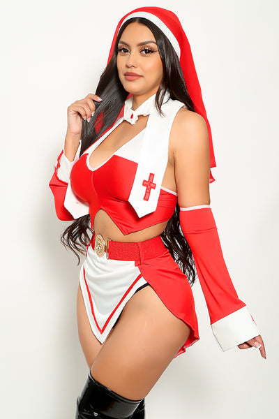 Red White Gold Buckle 8Pc Sexy Nun Costume