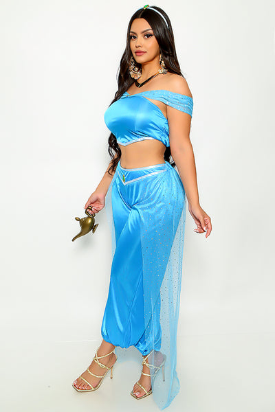 Dark Bahama Blue Mesh Satin Princess Jasmine 3 Pc Costume