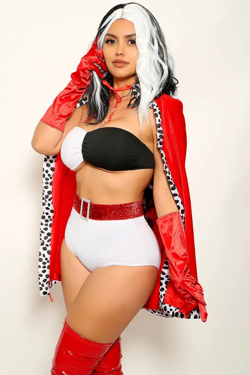 Black White Bandeau Glitter Rhinestone Belt Cruella 4 Piece Costume