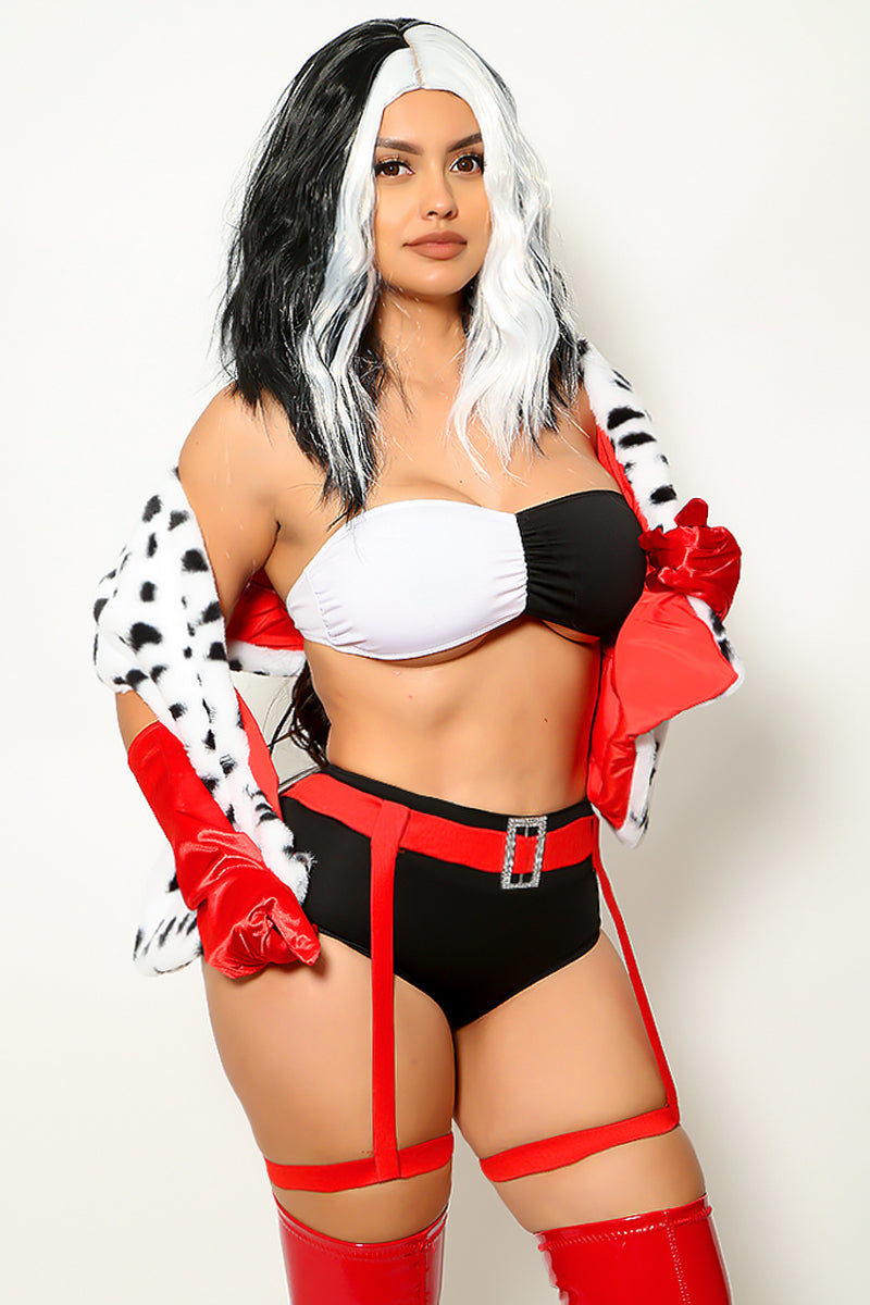 Black White Bandeau Garter Belt Belt Cruella 4 Piece Costume AMIClubwear Black White Bandeau Garter Belt Belt Cruella 4 Piece Costume AMIClubwear