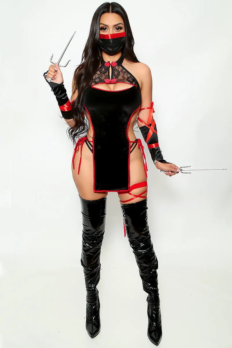 Black Red Velvet Lace High Slit 5Pc Sexy Ninja Costume