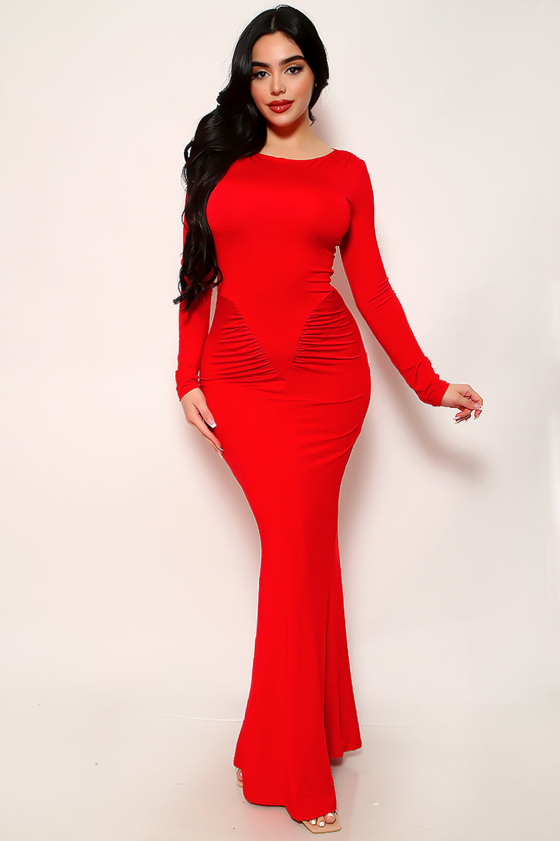 Red Long Sleeve Ruched Detail Sexy Fitted Mermaid Maxi Party Dress