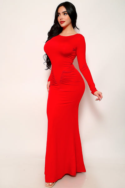 Red Long Sleeve Ruched Detail Sexy Fitted Mermaid Maxi Party Dress