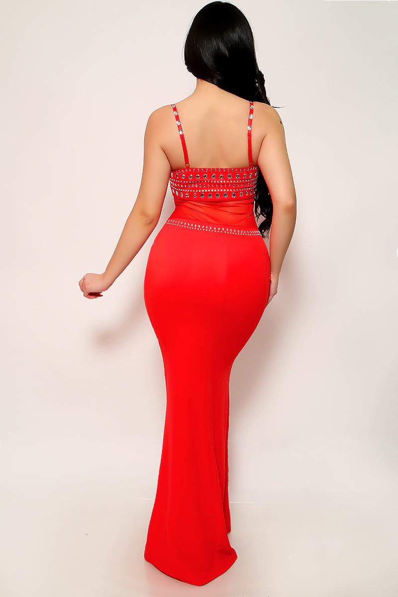 Red Big Rhinestones Gem Mesh Sexy Fitted Mermaid Maxi Party Dress