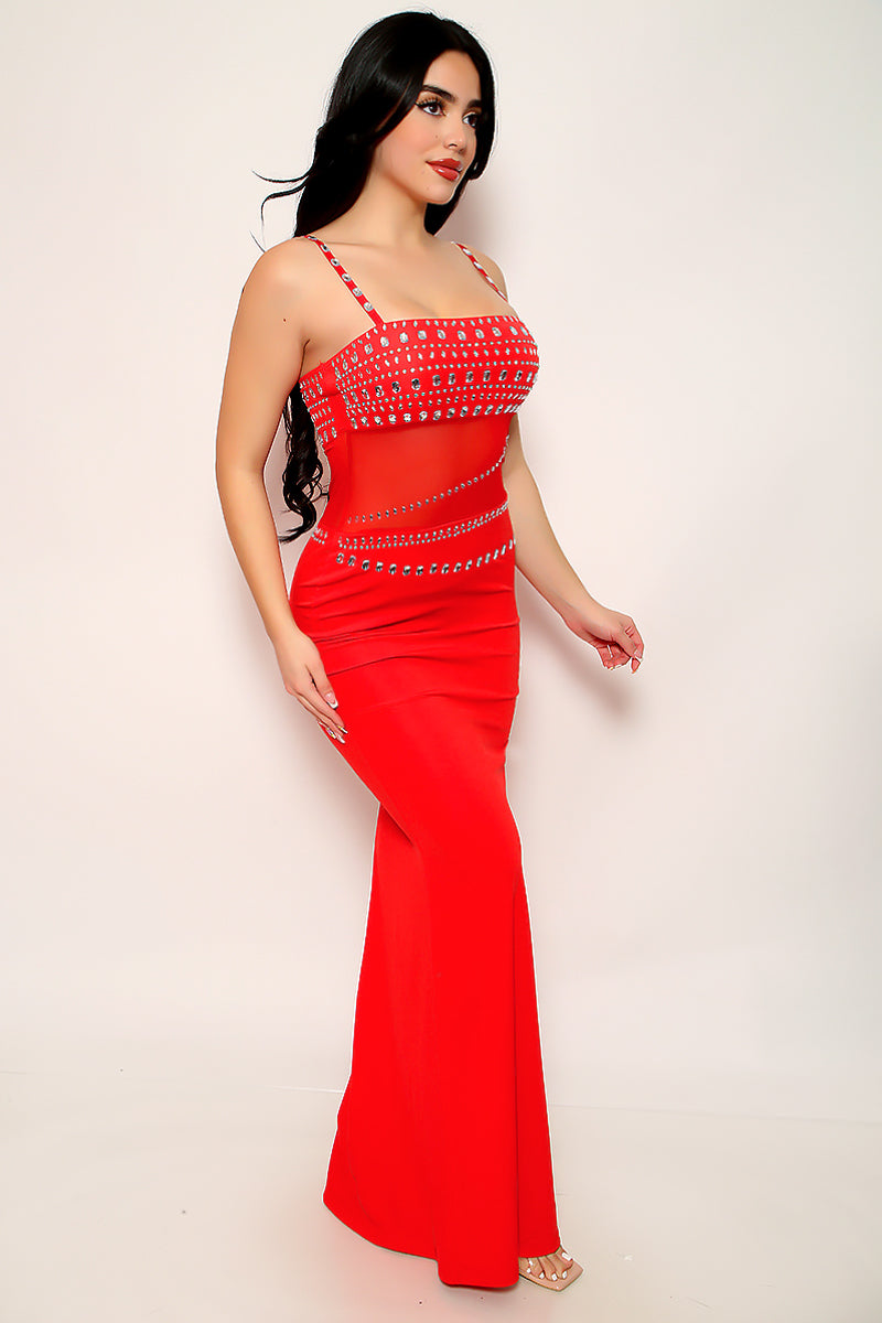 Red Big Rhinestones Gem Mesh Sexy Fitted Mermaid Maxi Party Dress