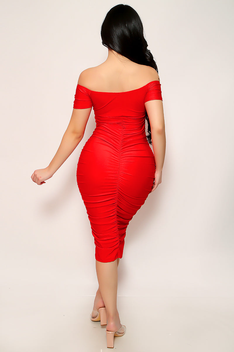 Red Off Shoulders Short Sleeves Ruched Sexy Fitted Midi Dress