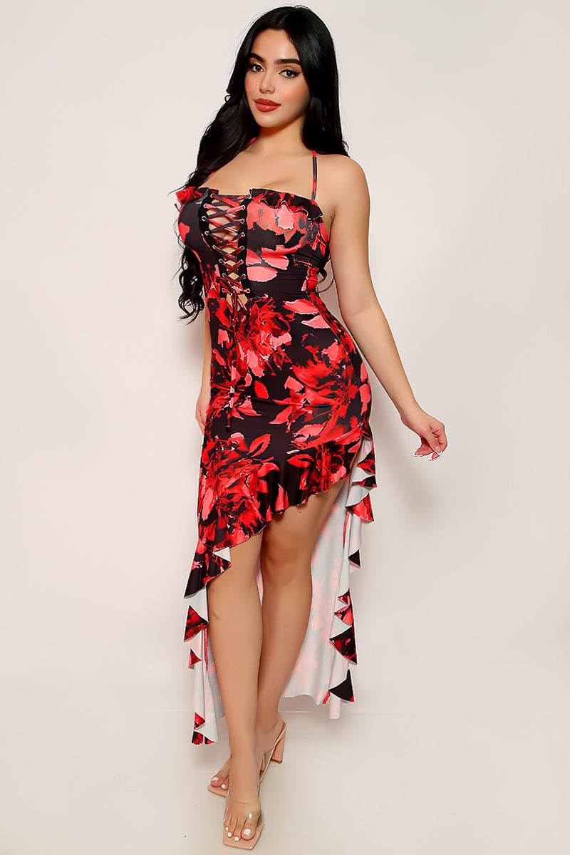 Red Printed Lace-Up Ruffle Asymmetrical Sexy Maxi Dress