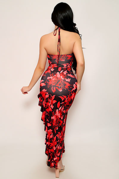 Red Printed Lace-Up Ruffle Asymmetrical Sexy Maxi Dress