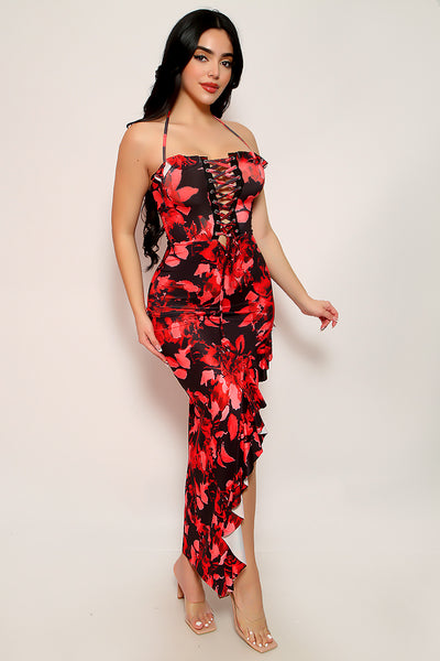 Red Printed Lace-Up Ruffle Asymmetrical Sexy Maxi Dress