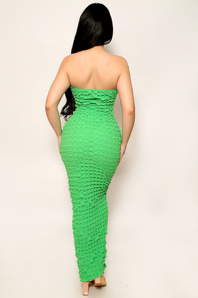 Green Textured Fabric Strapless Knot Sexy Fitted Maxi Dress