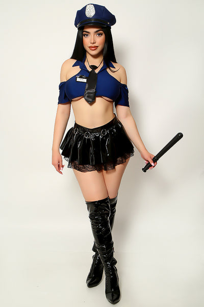 Navy Black Patent Mesh Tie Police Sexy 5Pc Cop Costume W/Hat