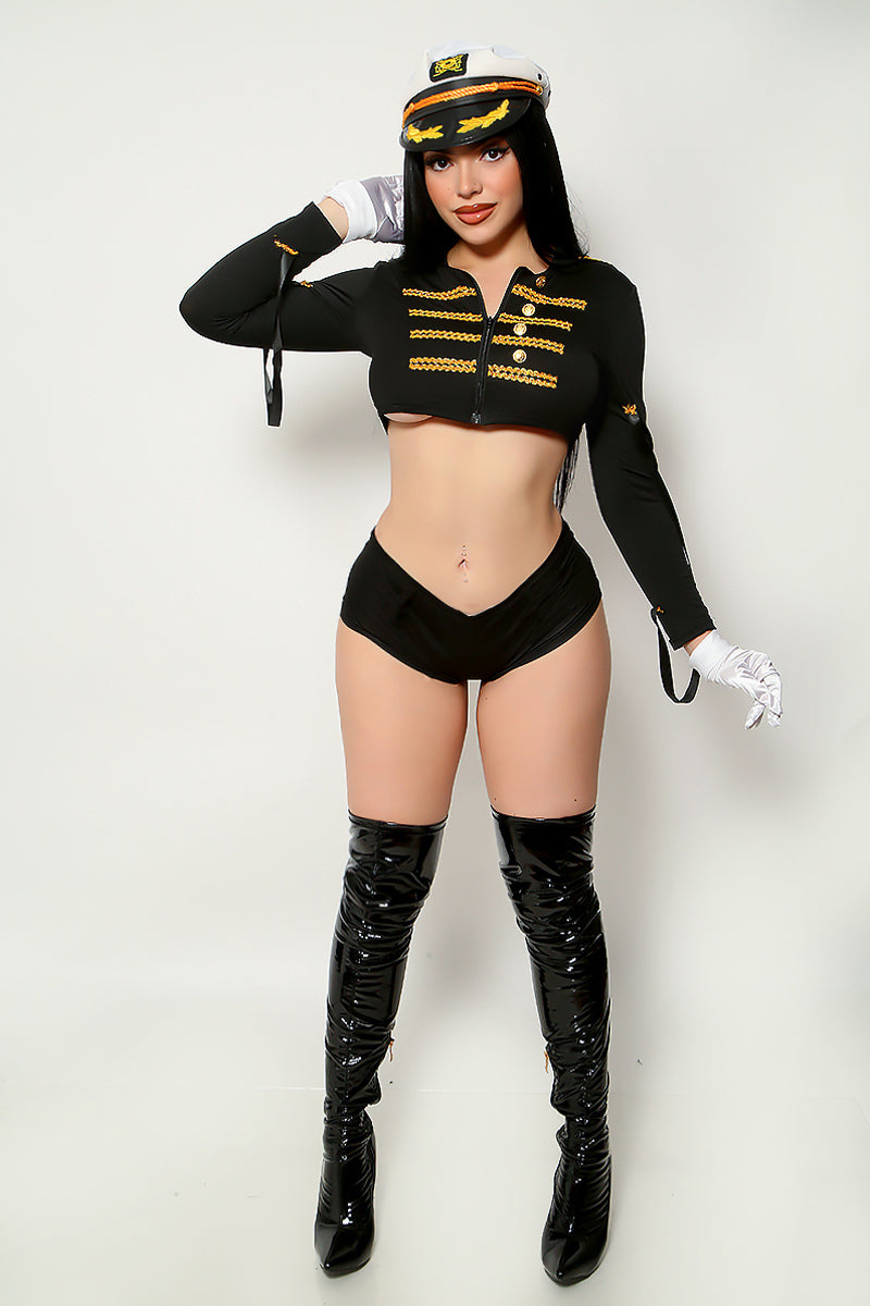 Black Gold Buttons Zipper Long Sleeve Booty Shorts Sexy Uniform Costume