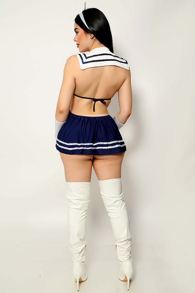 Navy White Square Collar Cut-Out Bow Backless Sexy Sailor Dress Costume