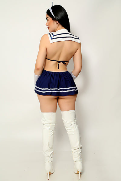Navy White Square Collar Cut-Out Bow Backless Sexy Sailor Dress Costume