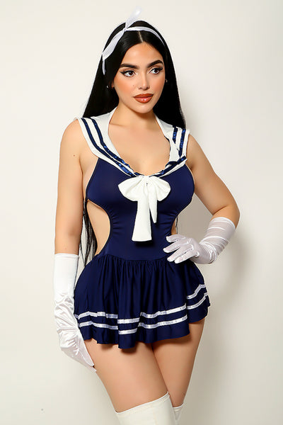 Navy White Square Collar Cut-Out Bow Backless Sexy Sailor Dress Costume