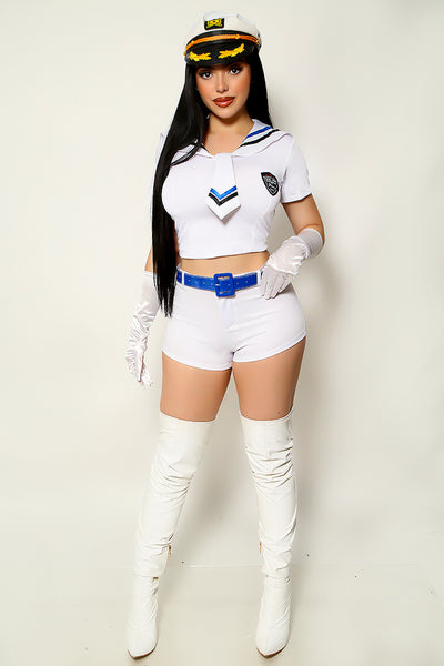 White Blue Crop Top Stretchy High Waist Shorts Belted Sailor Costume