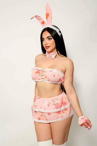 Pink Flower Print Strapless Skirt Sexy 6Pc Bunny Costume