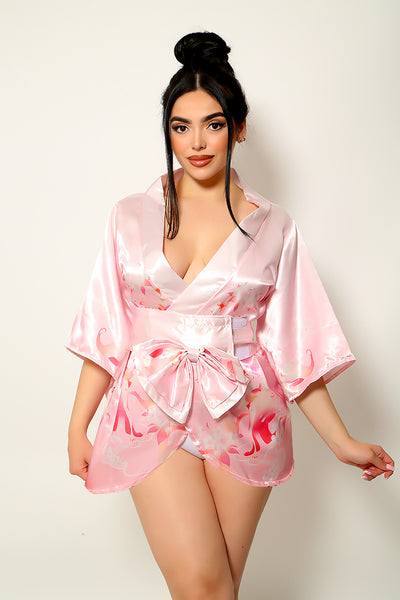 Pink Floral Print Satin Sexy Geisha Kimono Costume