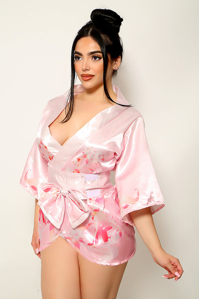 Pink Floral Print Satin Sexy Geisha Kimono Costume