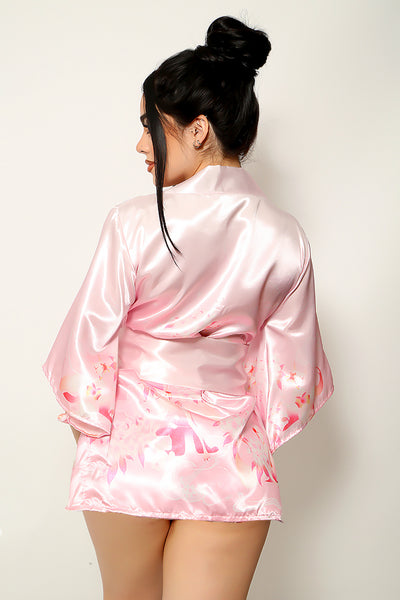 Pink Floral Print Satin Sexy Geisha Kimono Costume