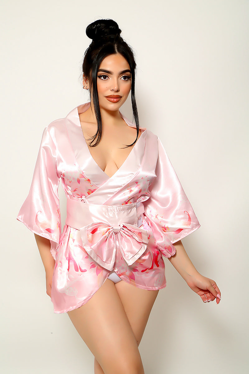 Pink Floral Print Satin Sexy Geisha Kimono Costume