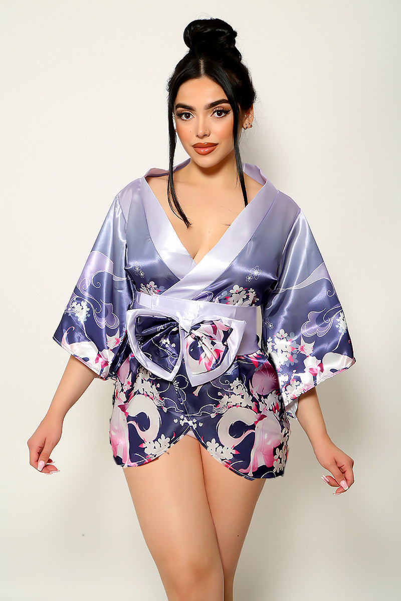 Purple Floral Print Satin Sexy Geisha Kimono Costume