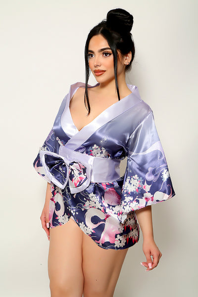Purple Floral Print Satin Sexy Geisha Kimono Costume