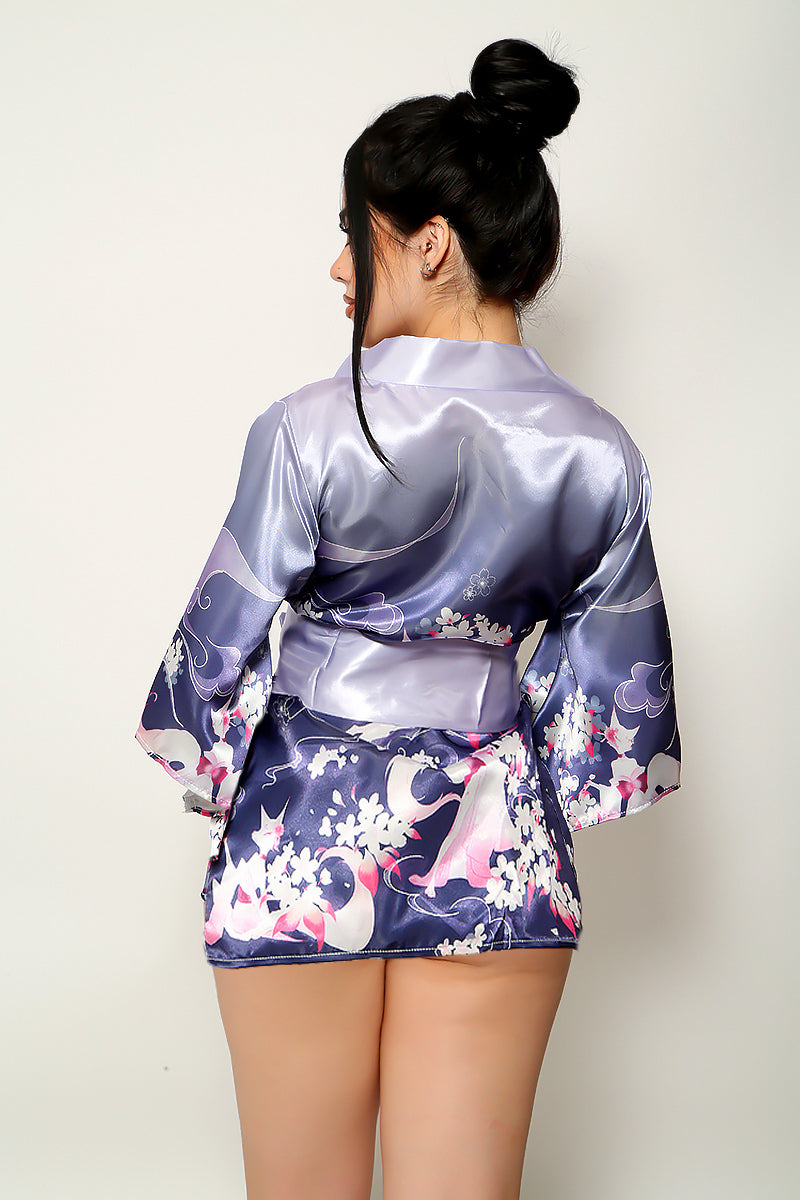 Purple Floral Print Satin Sexy Geisha Kimono Costume