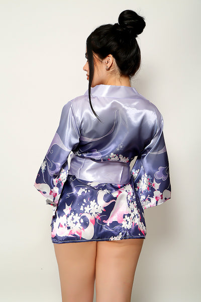 Purple Floral Print Satin Sexy Geisha Kimono Costume